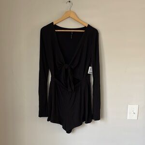 Black Long Sleeve Tie-Front Romper